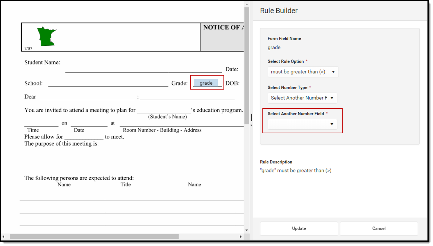 Image of Rule Builder comparing two number fields